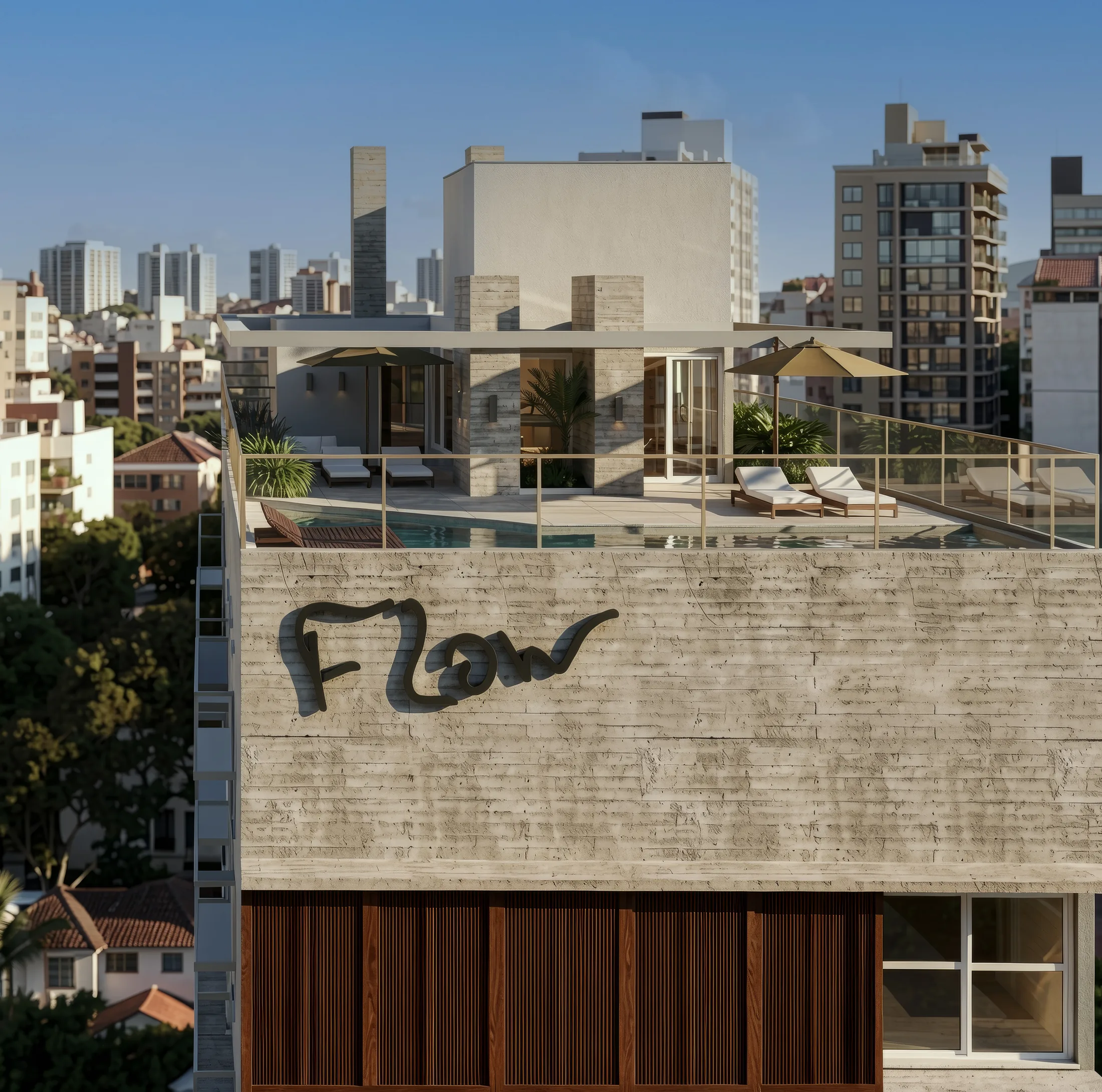 O Flow Higienópolis visto do alto, com o rooftop e o skyline de Porto Alegre ao fundo
